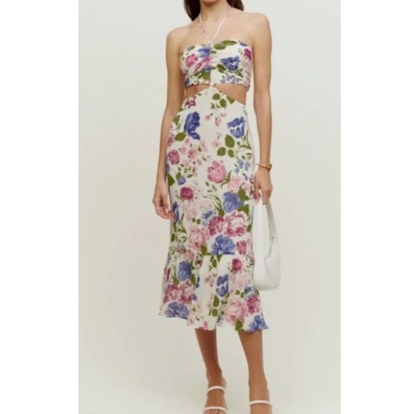 NEW Reformation Riya Cutout Floral-print Crepe Midi Dress - White 4 - Picture 2 of 16